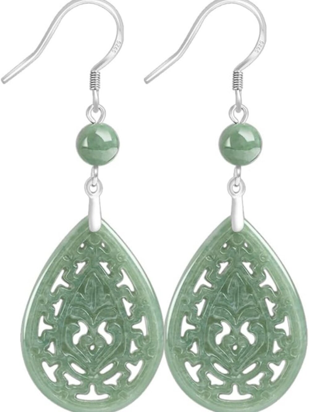 Elegant Natural Jade Dangle Earrings | Sterling Silver Teardrop & Cross Design